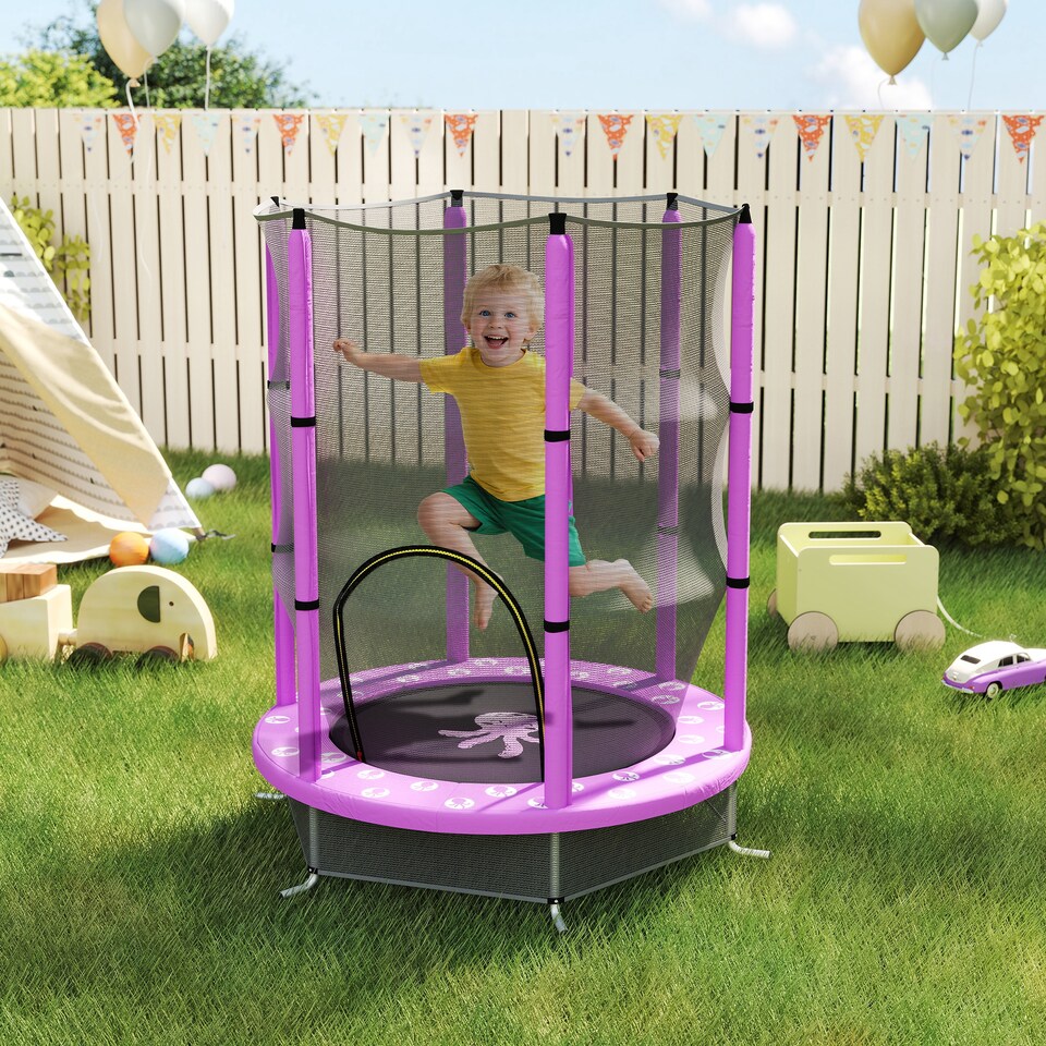 image 1 of AIYAPLAY 4.6FT Kids Trampoline with Safety Enclosure Net | Purple | Purple