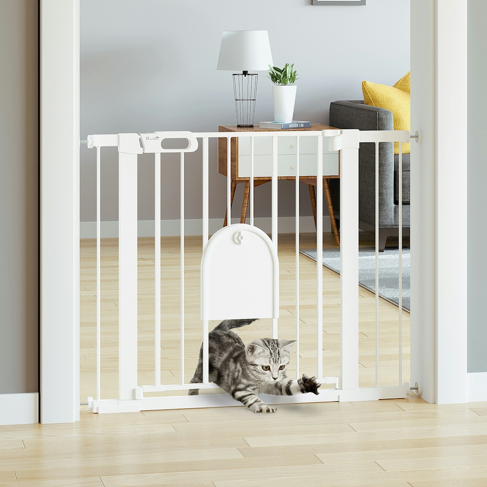 image 1 of PawHut 75-103 cm Pet Safety Gate Pressure Fit Stair w/ Small Door Double Locking