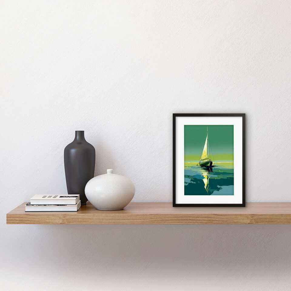 image 1 of A Sailboat a Calm Sea Under a Cloudless Sky 9x7" Black Framed Wall Art Print