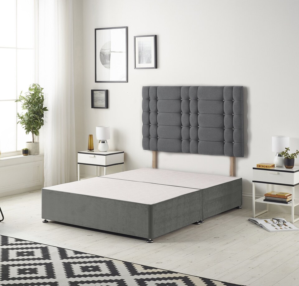 image 1 of Astoria Divan Bed Base with 30 Inch Diamonte Button Headboard Plush Velvet | Grey | Charcoal | Super King