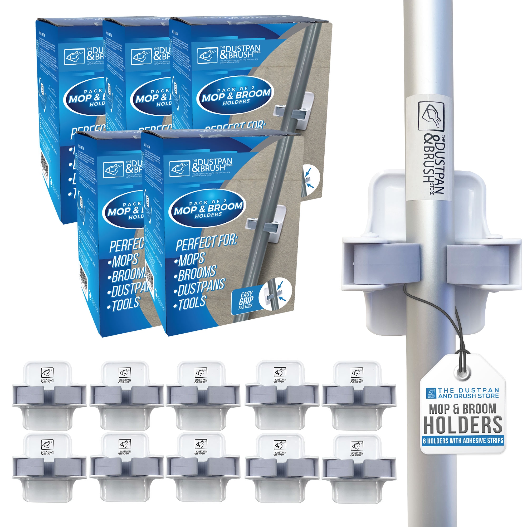 Mop & Broom Holder Wall Mounted Grippers Cleaning Tool Storage - Pack of 5 (10 Holders)