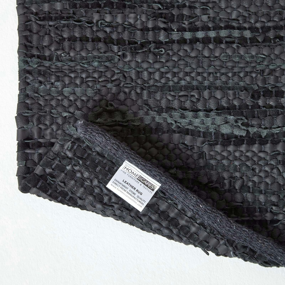 image 1 of Homescapes Denver Leather Woven Rug Black - 120 x 180 cm Black | 120 x 180 cm