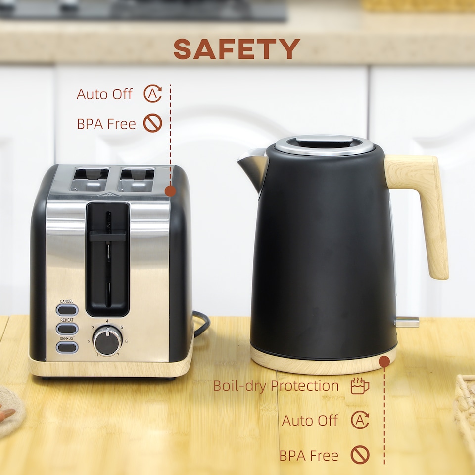 image 1 of HOMCOM Stainless Steel Kettle and Toaster Set, 1.7L 3000W Fast Boil Kettle & 2 Slice Toaster Kitchen Set with 7 Level Browning Controls, Defrost, Reheat, Auto Off, Boil-dry Protection, Black