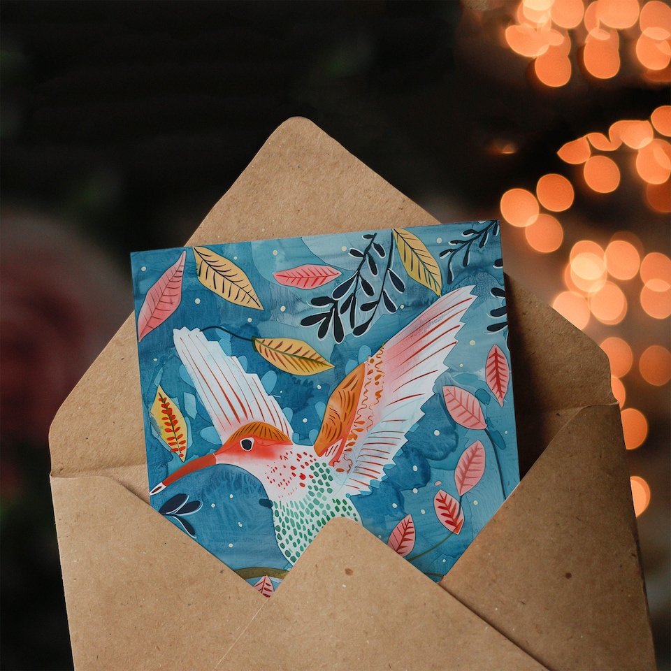 image 1 of Greeting Card Hummingbird Folk Art Pink Blue Orange Watercolour