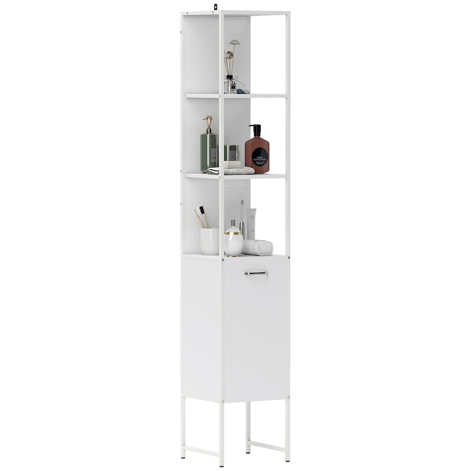 image 1 of HOMCOM Tall Bathroom Cabinet, Slim Bathroom Storage Cabinet with 3 Open Shelves and Adjustable Shelf, Freestanding Storage Cupboard, 33 x 33 x 185 cm, White