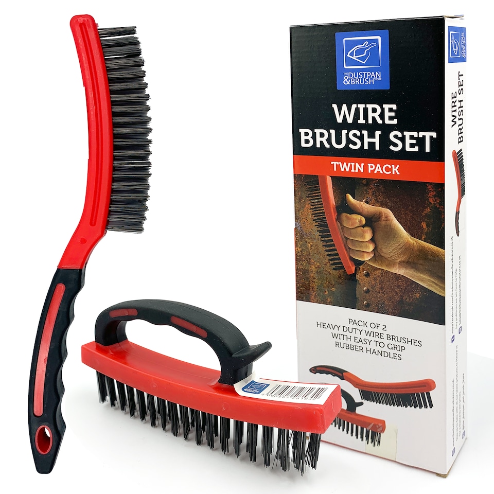 image 1 of Heavy Duty Wire Brush Set Steel Bristle Long Handle, D-Grip Block Rust & Paint Removal Kit