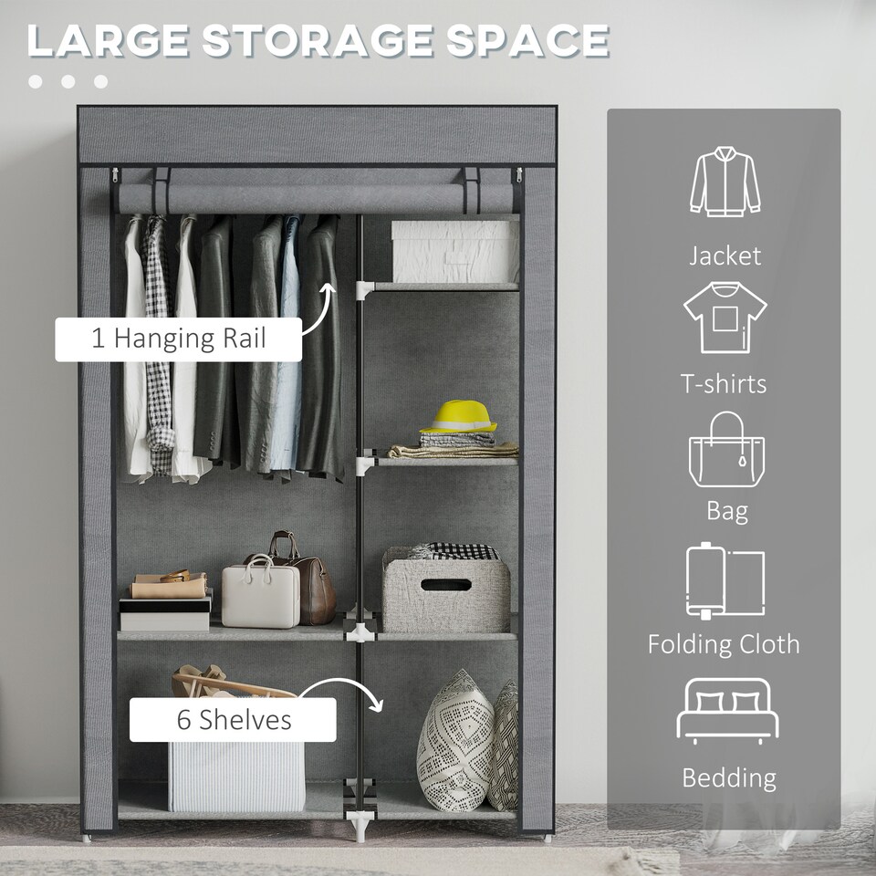 image 1 of HOMCOM Fabric Wardrobe, Portable Wardrobe with 6 Shelves, 1 Hanging Rail, Foldable Closets, 103 x 43 x 162.5 cm, Dark Grey | Grey | Dark Grey