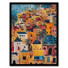 Moroccan Cityscape Colourful Exotic Ochre Black Framed Wall Art Print A4