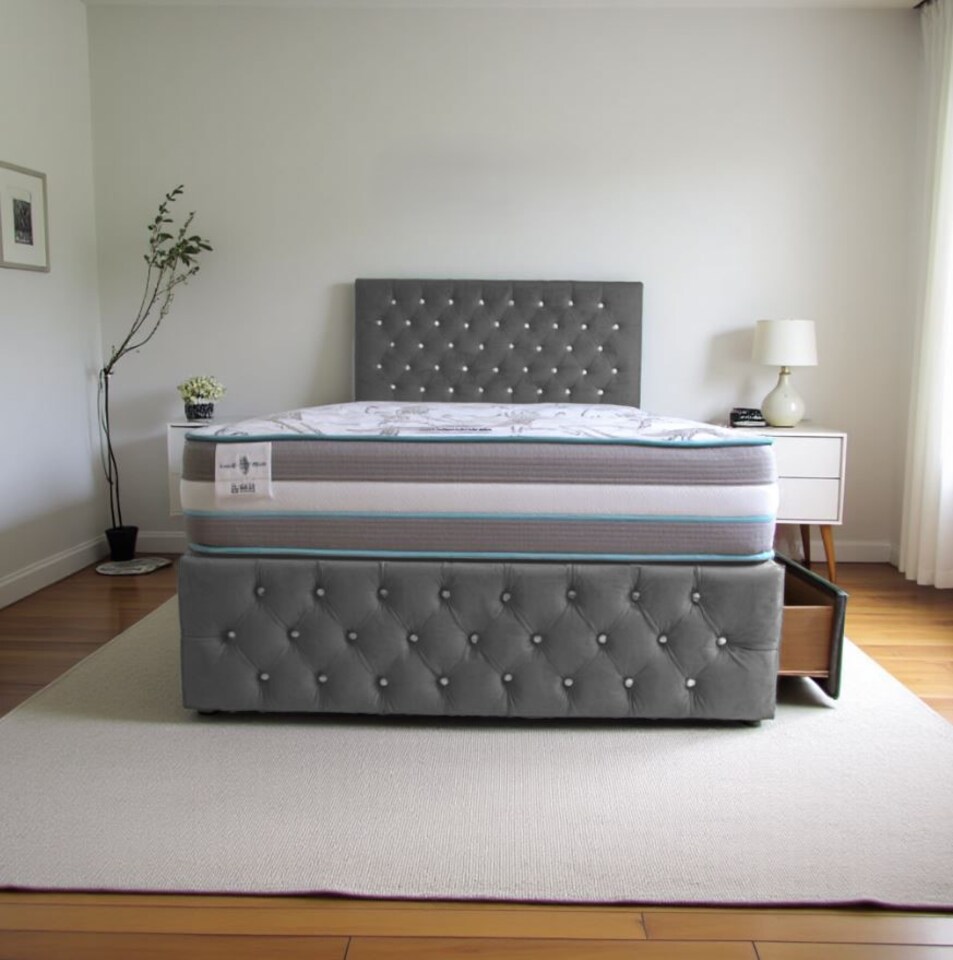 image 1 of Delaware Plush Bed With Mattress, 2 Drawers Same Side & Headboard