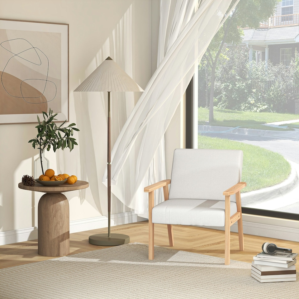 image 1 of HOMCOM Accent Chair with Wood Frame Wide Seat Linen Armchair Cream White