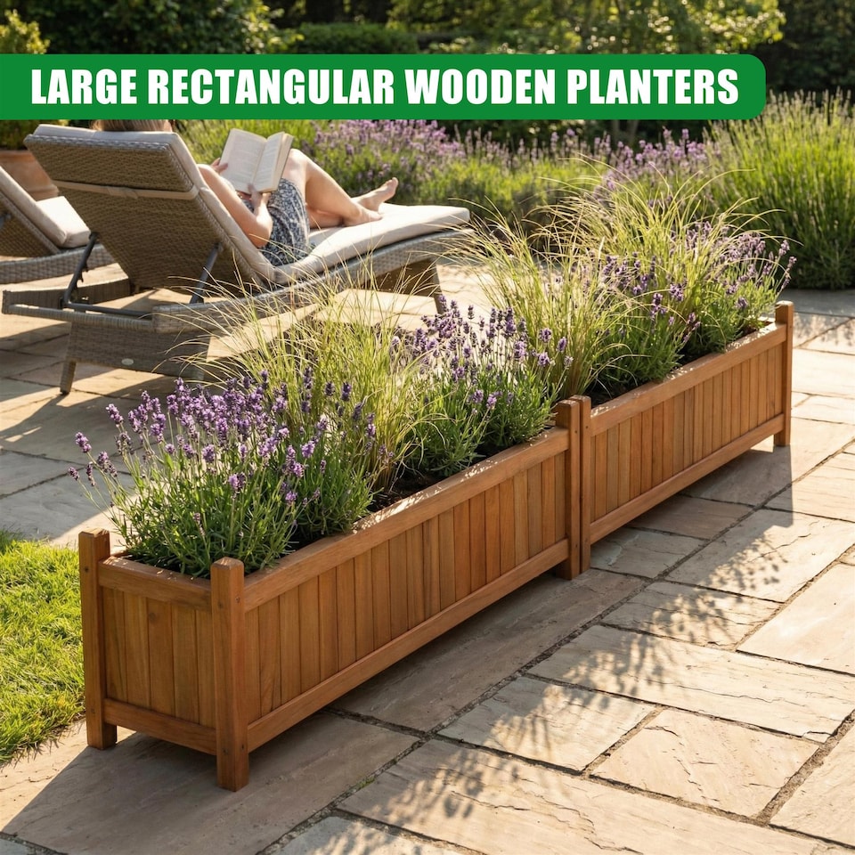 image 1 of GEEZY Wooden Rectangular Garden Flower Planters Brown Set of 2