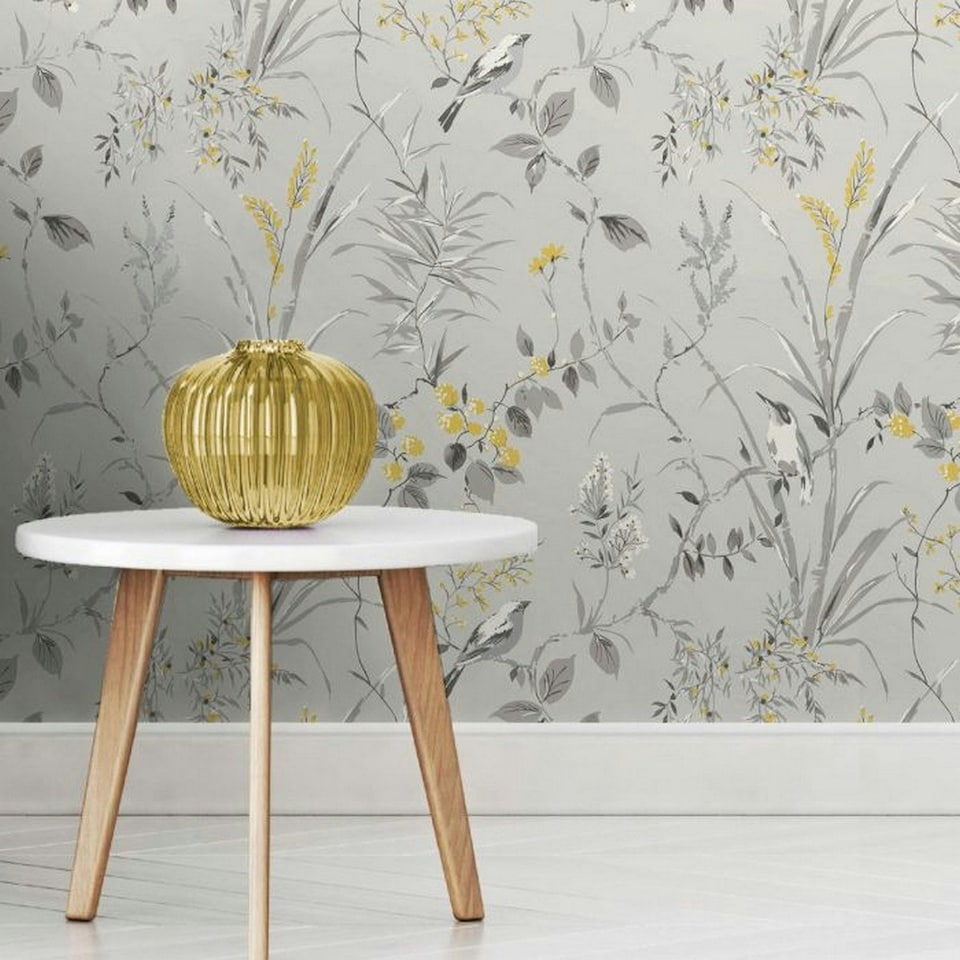 image 1 of Crown Mariko Bird Wallpaper - Grey - 10m x 53cm Grey