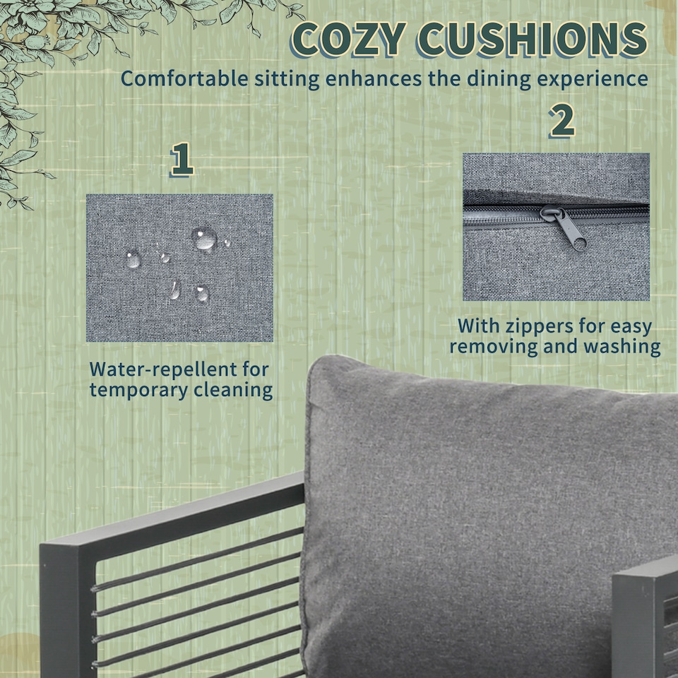 image 1 of Outsunny 9 Pieces Garden Dining Set with Cushion, 8 Seater Garden Table and Chairs Cube Set with Glass Top Dining Table, 4 Chairs and 4 Footstools, Grey