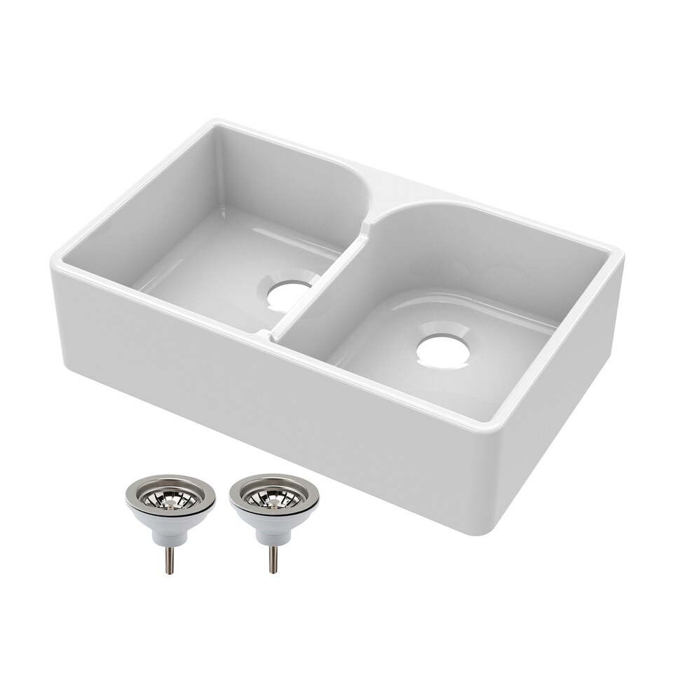 image 1 of 795mm - Double Bowl Fireclay Butler Kitchen Sink -  Stepped Weir  & Wastes