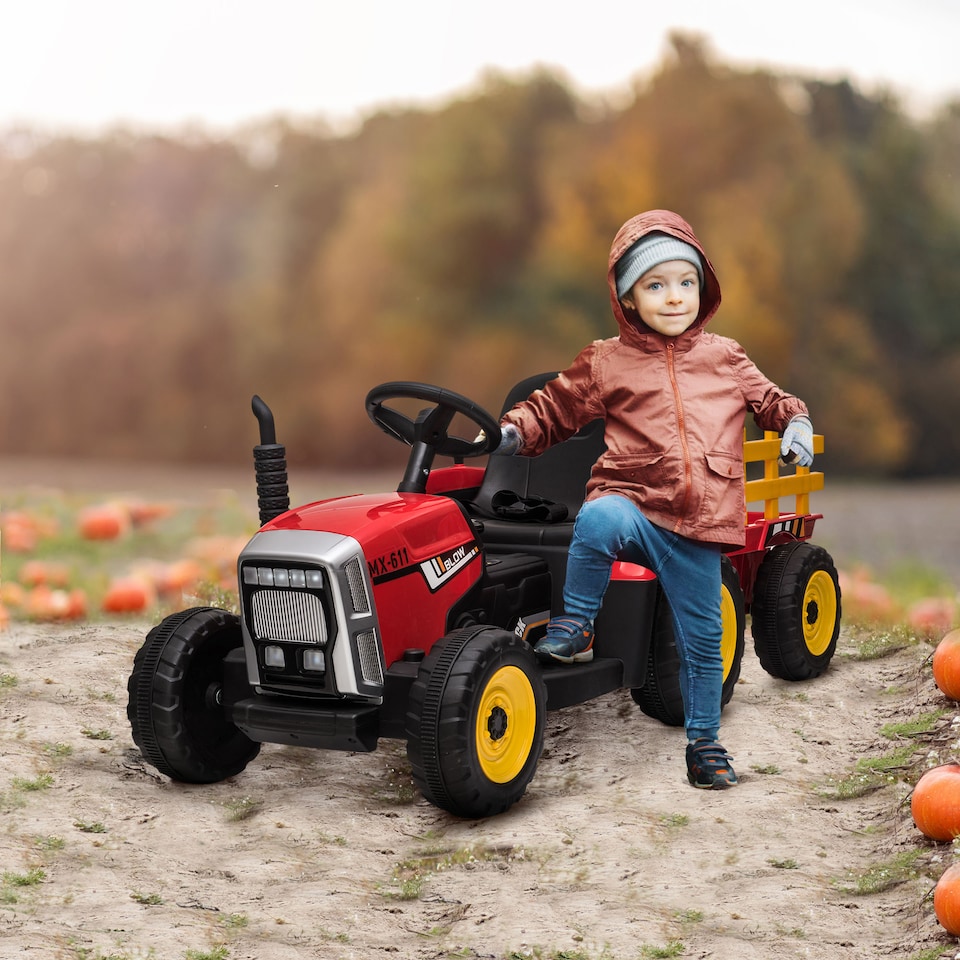 image 1 of HOMCOM Kids Electric Car, 12V Electric Ride on Tractor and Trailer with Detachable Trailer Remote Control, USB, Horn, Lights, Start-Up Sound, for Ages 3-6 Years, Red