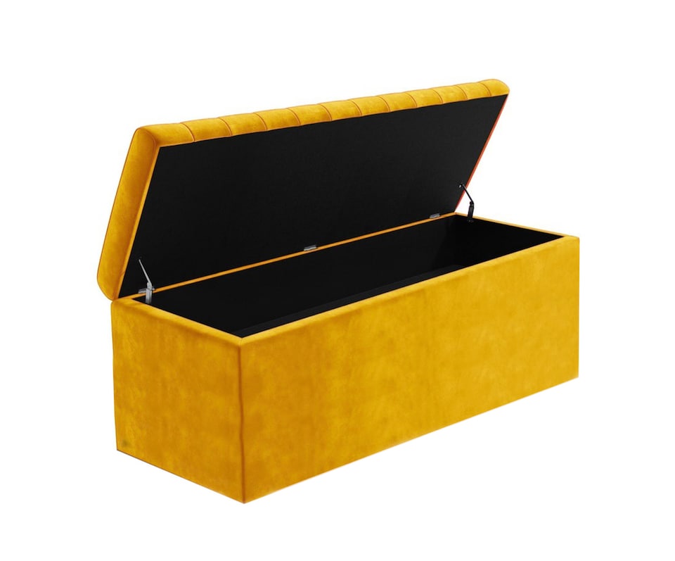 image 1 of 120cm Safar Large Striped Storage Ottoman Box, Mustard Gold Plush Velvet Upholstered Deep Storage Ottoman End of Bed Bench