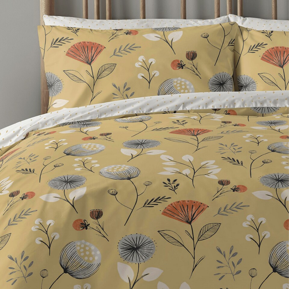 image 1 of Copenhagen Home Olia Floral Print Ochre Reversible Duvet Cover and Pillowcase Set - King Size