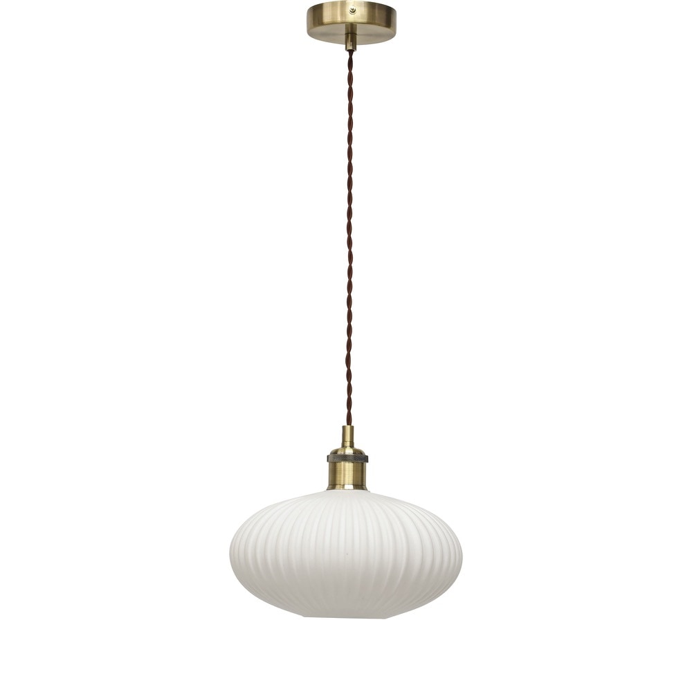 Baton - White Ribbed Oval Glass Antique Brass Retro Pendant Fitting