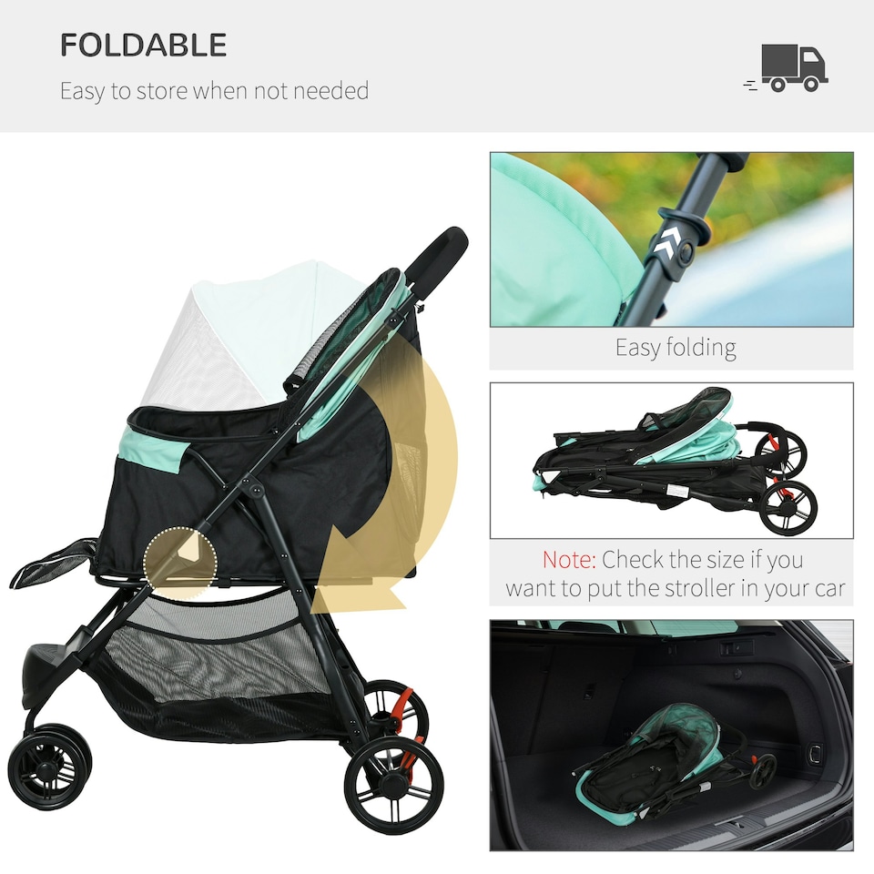 image 1 of PawHut Dog Stroller for XS Dogs, S Dogs, Cats with Rain Cover - Green
