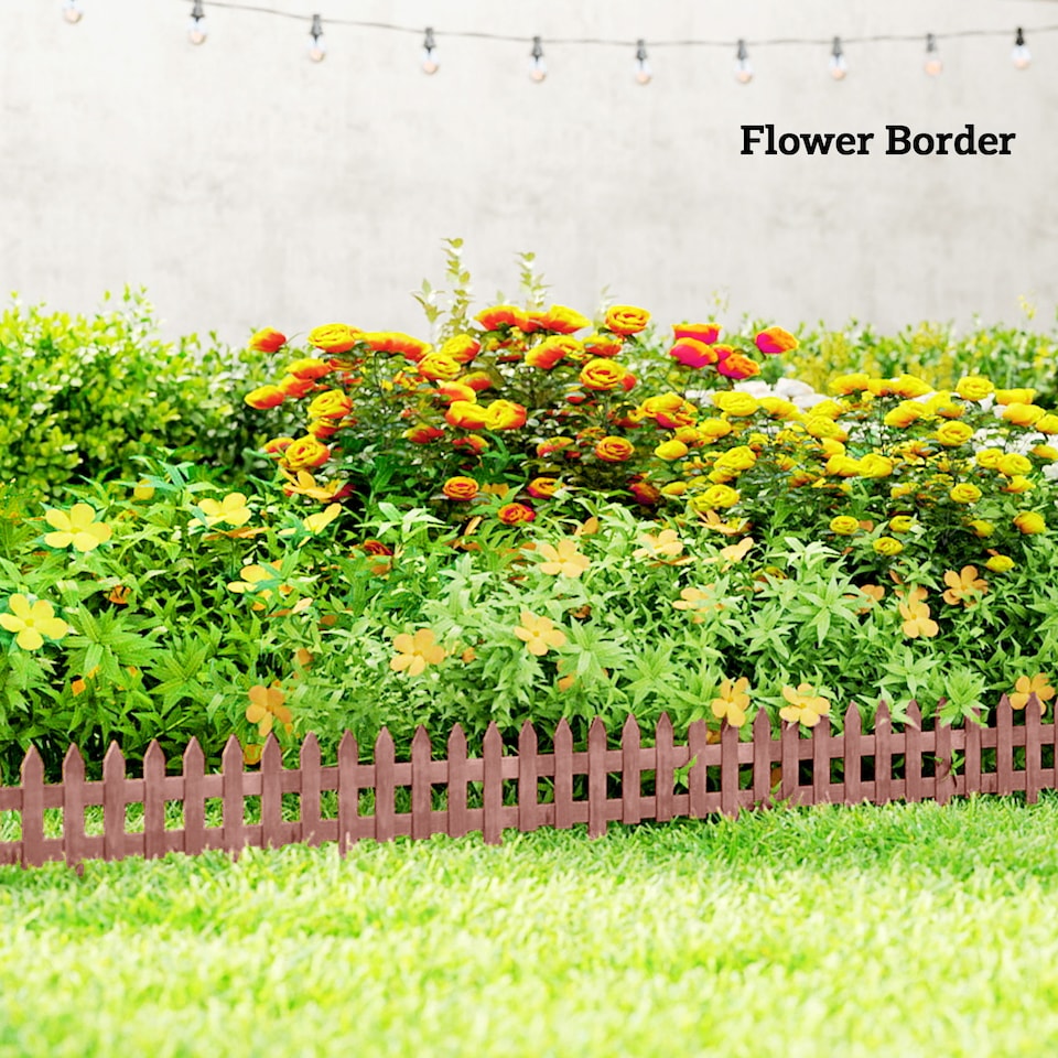 image 1 of Outsunny Pack of 12 Wooden Plant Border Fence Garden Fixed Picket Fence Brown