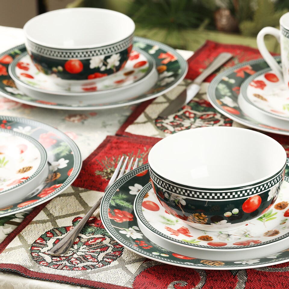 image 1 of simpa 18PC Christmas Flora Orchard Ceramic Dinner Set.