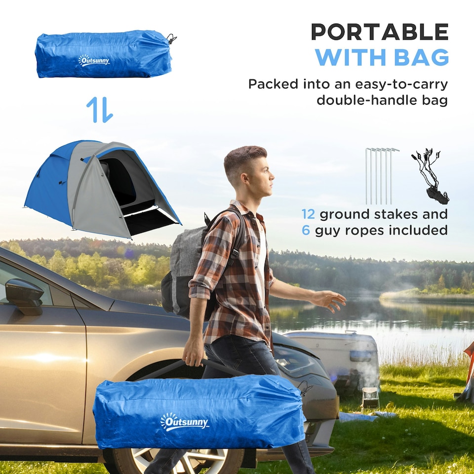 image 1 of Outsunny 2 Man Camping Tent with Living Area, 2000mm Waterproof, Blue