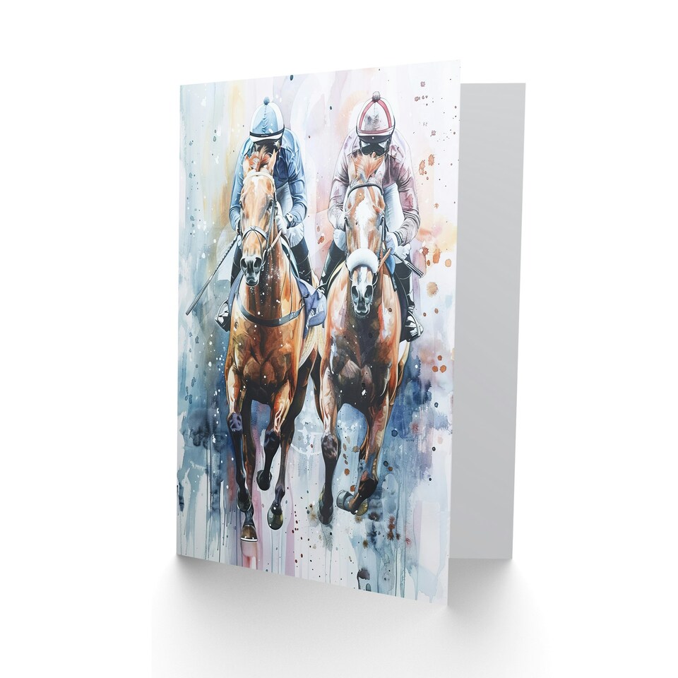 image 1 of Jockeys Horse racing Racehorses Modern Pastel Him Her Birthday Card