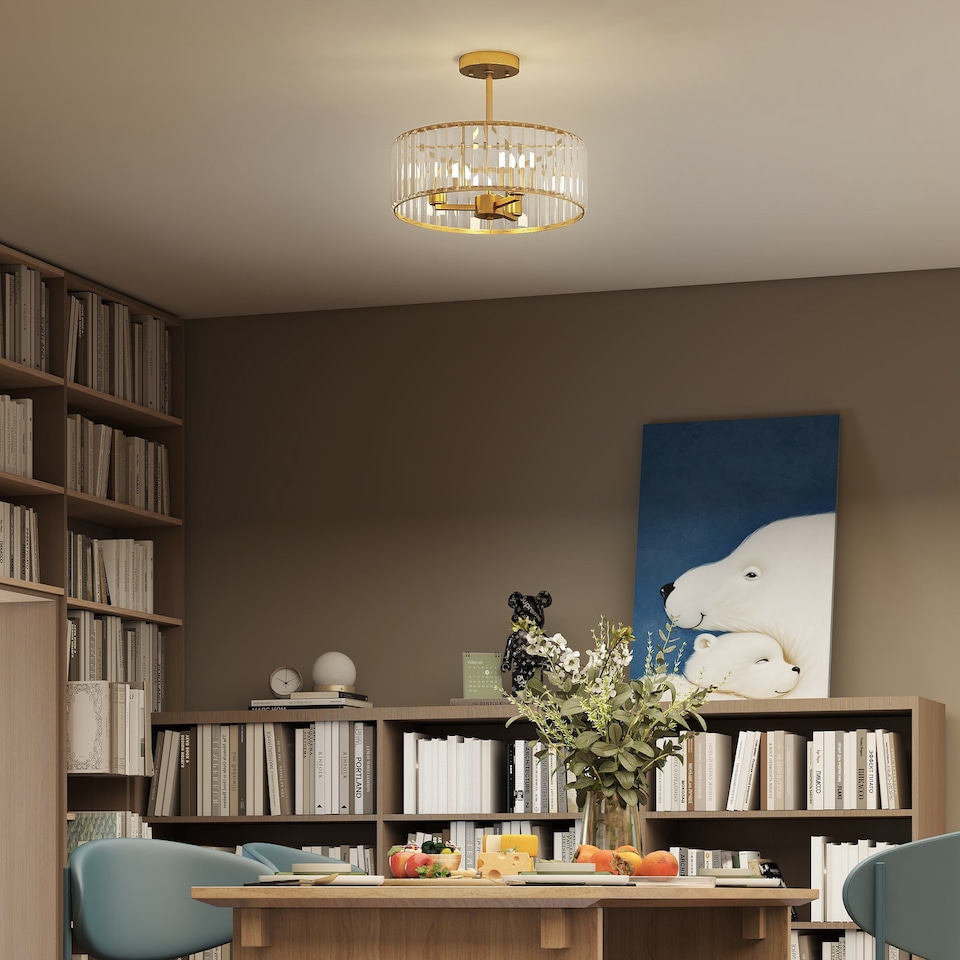 image 1 of HOMCOM Semi Flush Mount Modern Crystal Chandelier Ceiling Light, Gold Tone