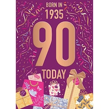 Words 'n' Wishes Female 90th Birthday Card, Happy Birthday Card Age 90 with Born in 1935 Confetti and Gifts Design, Birthday Card for Women