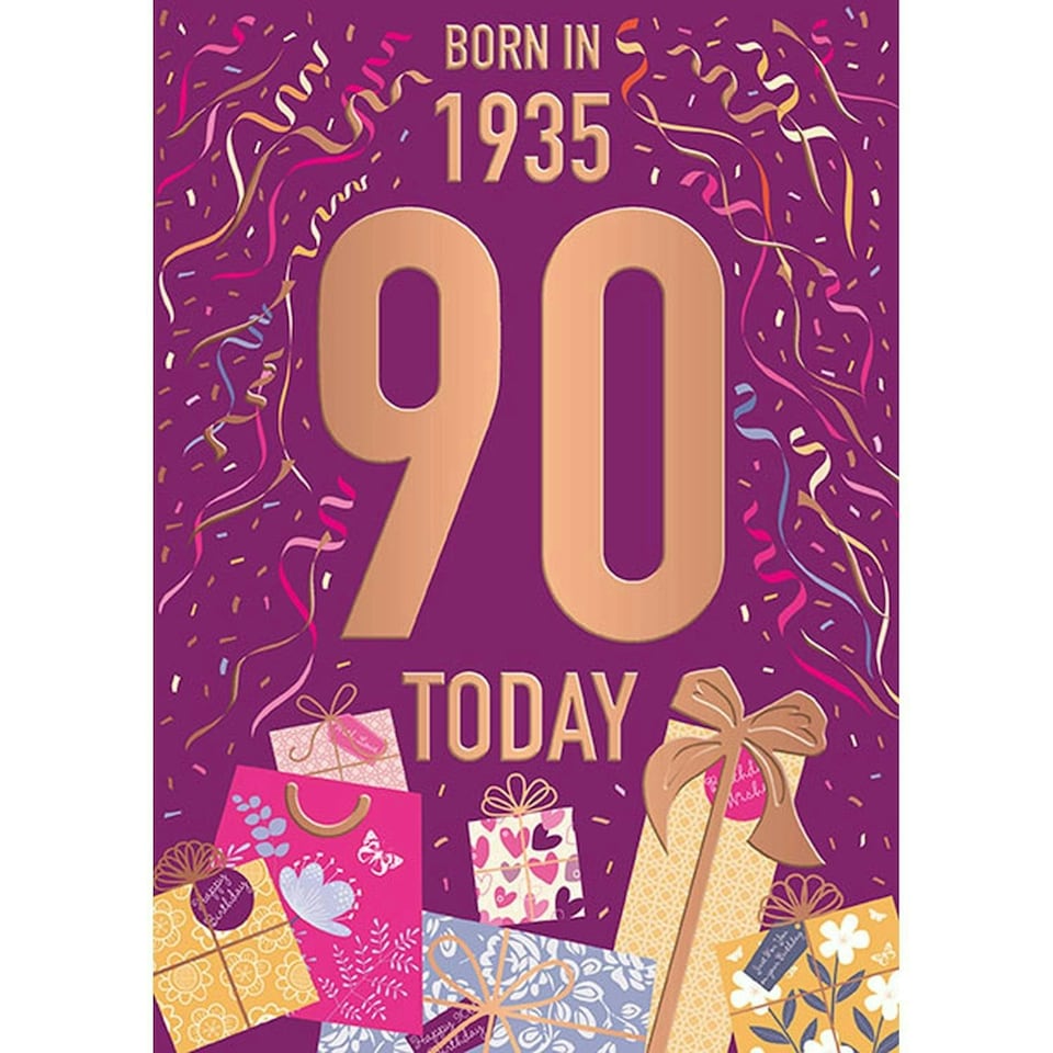 Words 'n' Wishes Female 90th Birthday Card, Happy Birthday Card Age 90 with Born in 1935 Confetti and Gifts Design, Birthday Card for Women