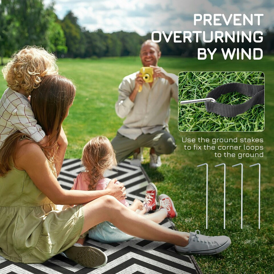 image 1 of Outsunny Reversible Waterproof Outdoor Rug W/ Carry Bag, 182 x 274 cm, Black Black | Black and White
