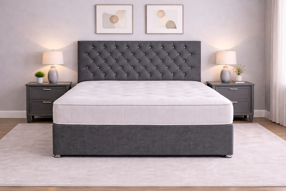 image 1 of Single Charcoal Grey Linen 3ft Divan bed with mattress and headboard No Drawers