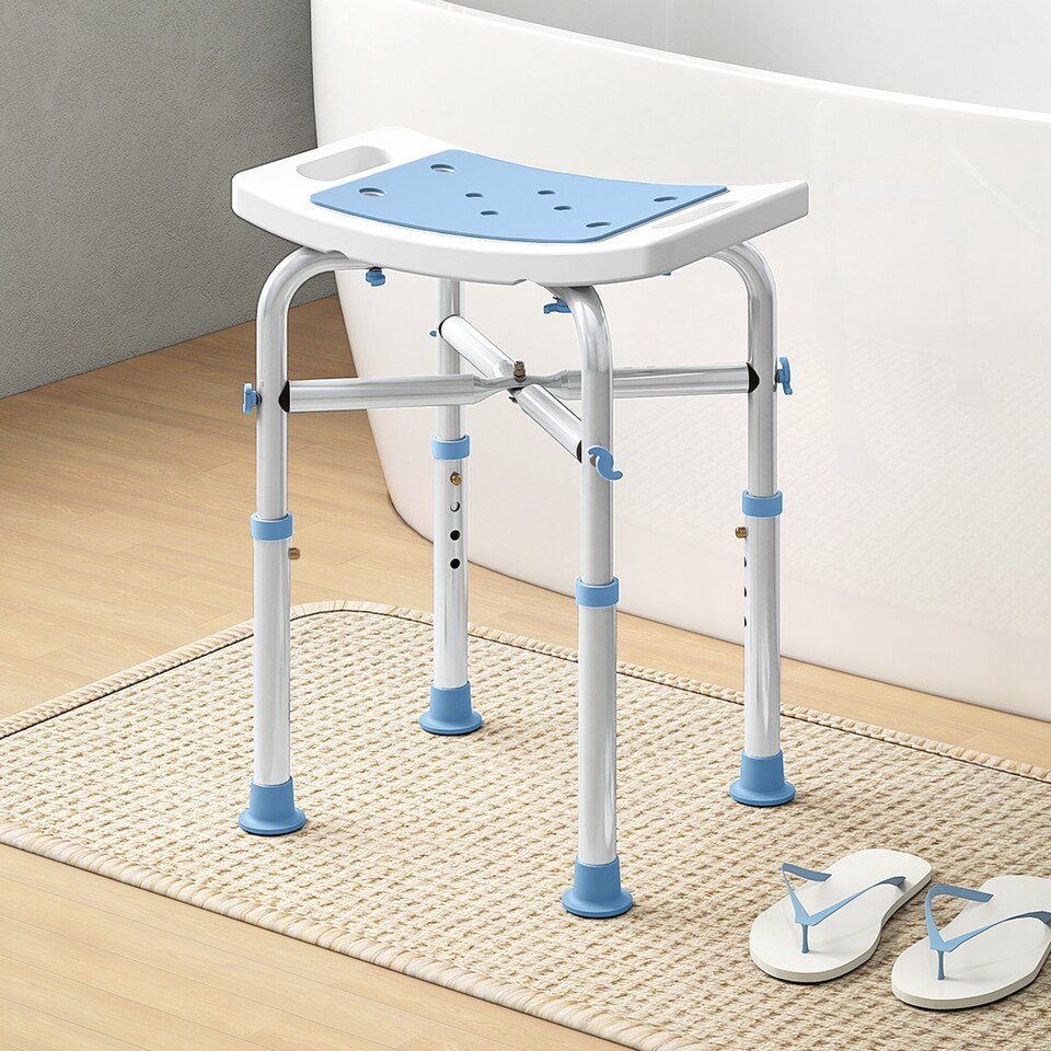 image 1 of HOMCOM Shower Chair for the Elderly and Disabled, Adjustable Padded Shower Stool with Built-in Handle and Non-slip Suction Foot Pads, Light Blue | Blue