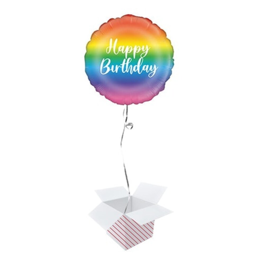Rainbow Script Birthday Round Foil Helium Balloon - Inflated Balloon in a Box