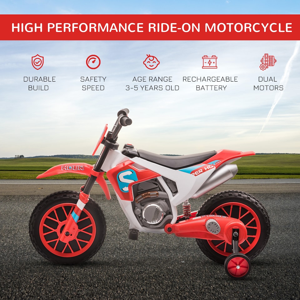image 1 of HOMCOM Kids Electric Motorbike, 12V Battery Powered Kids Motorbike for Boys and Girls with Training Wheels, Start-up Button, Pedal, for Ages 3-5 Years - Red