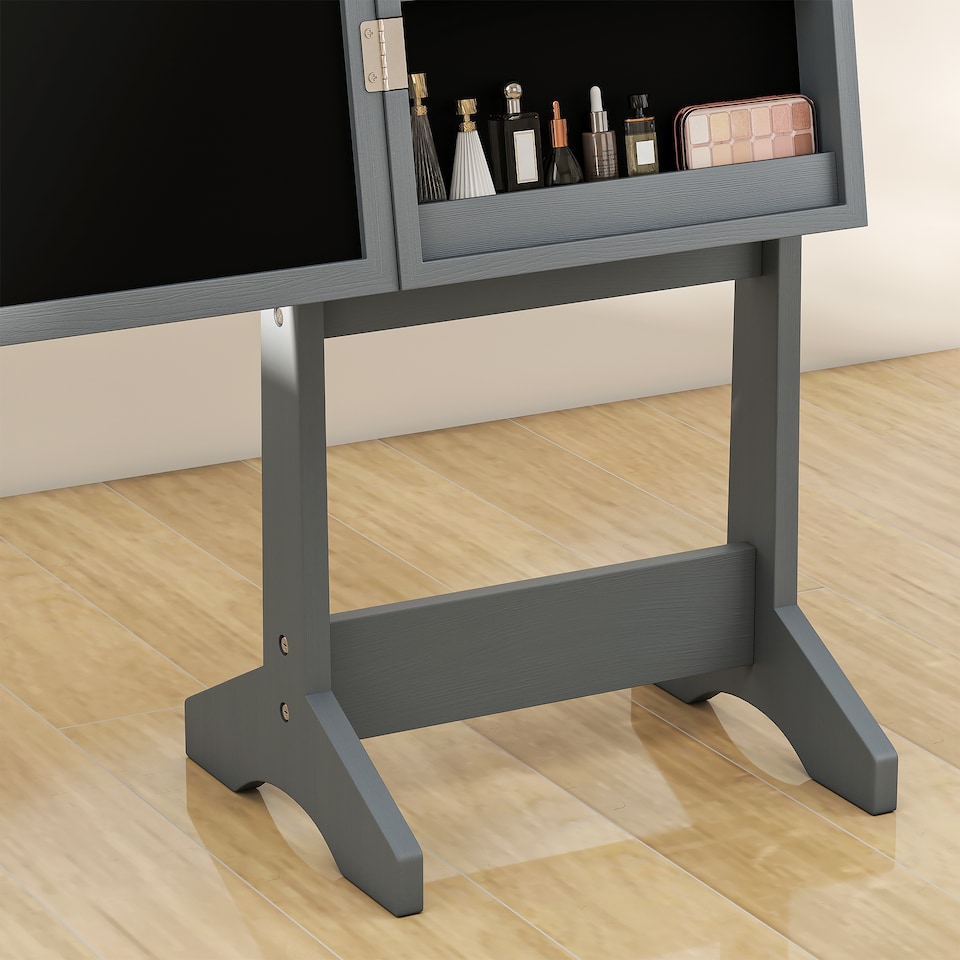 image 1 of HOMCOM Freestanding Mirror Jewelry Cabinet with LED Lights, Jewellery Organiser with 3 Angle Adjustable, Full-Length Mirror with Storage for Earrings, Necklaces, Rings and Lipsticks, Grey