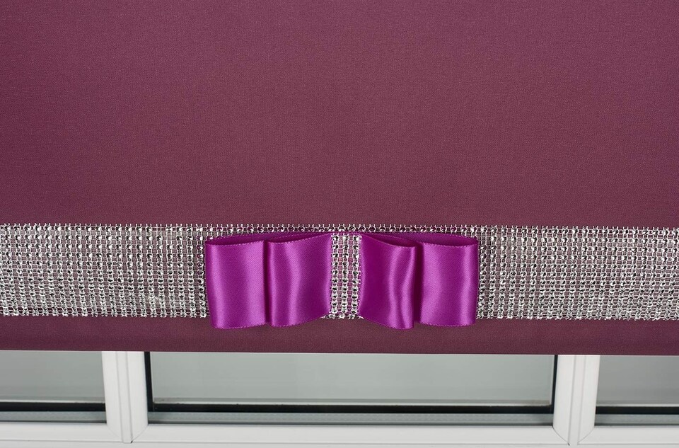image 1 of FURNISHED Blackout Roller Blinds with Diamante Trim and Bow Cut to Size | Purple | Aubergine | (W) 120cm x (L) 165cm