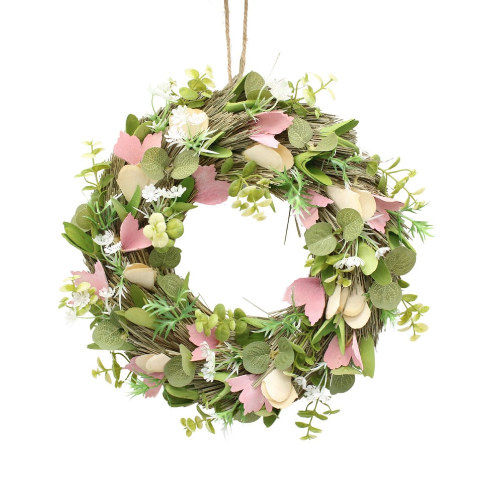 image 1 of Hanging Door Wreath Round Spring Easter Christmas Wall Decor Traditional Festive | Multi | Green, Cream & Pink | 34cm | 1
