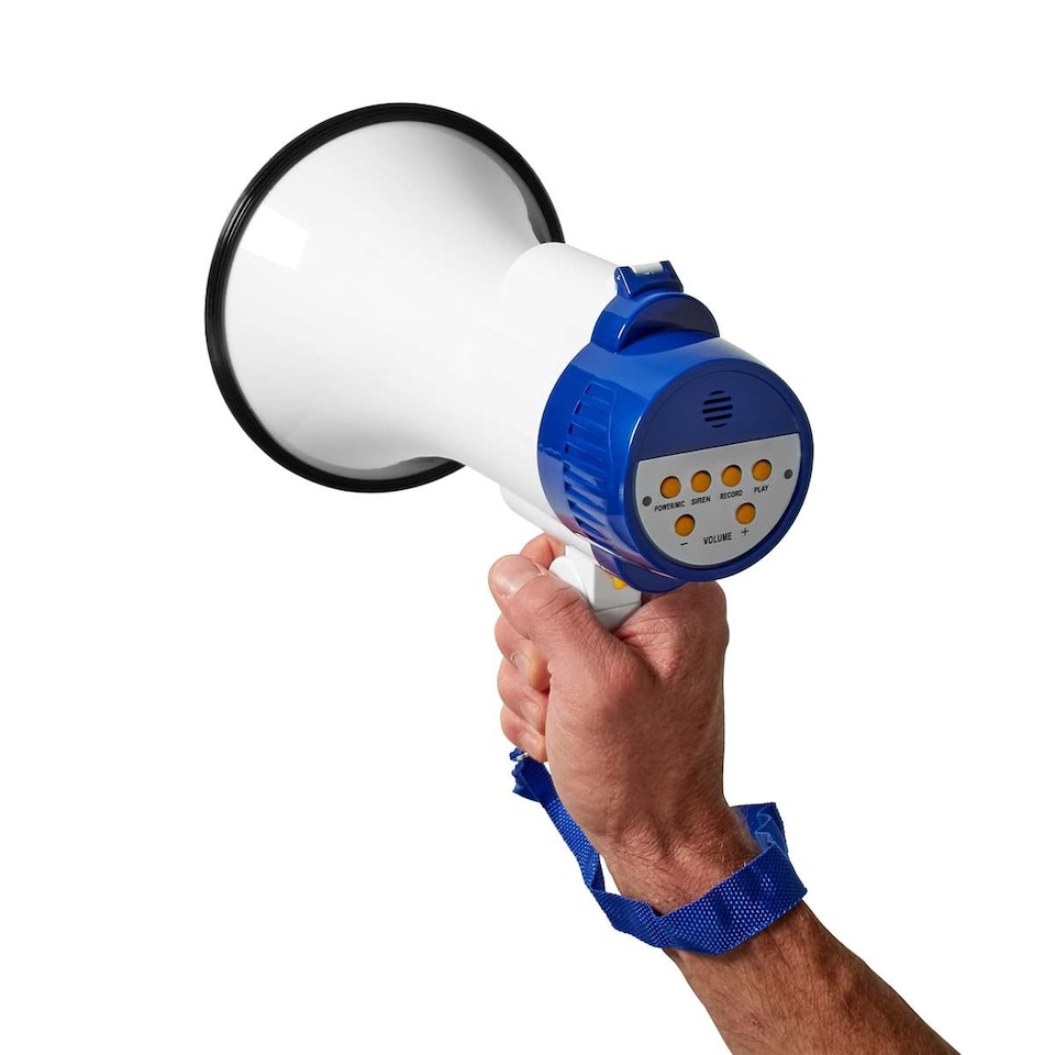 image 1 of NEDIS 10W Megaphone, 250m Range with Built-in Microphone, Siren, Adjustable Volume, Record Function - White & Blue
