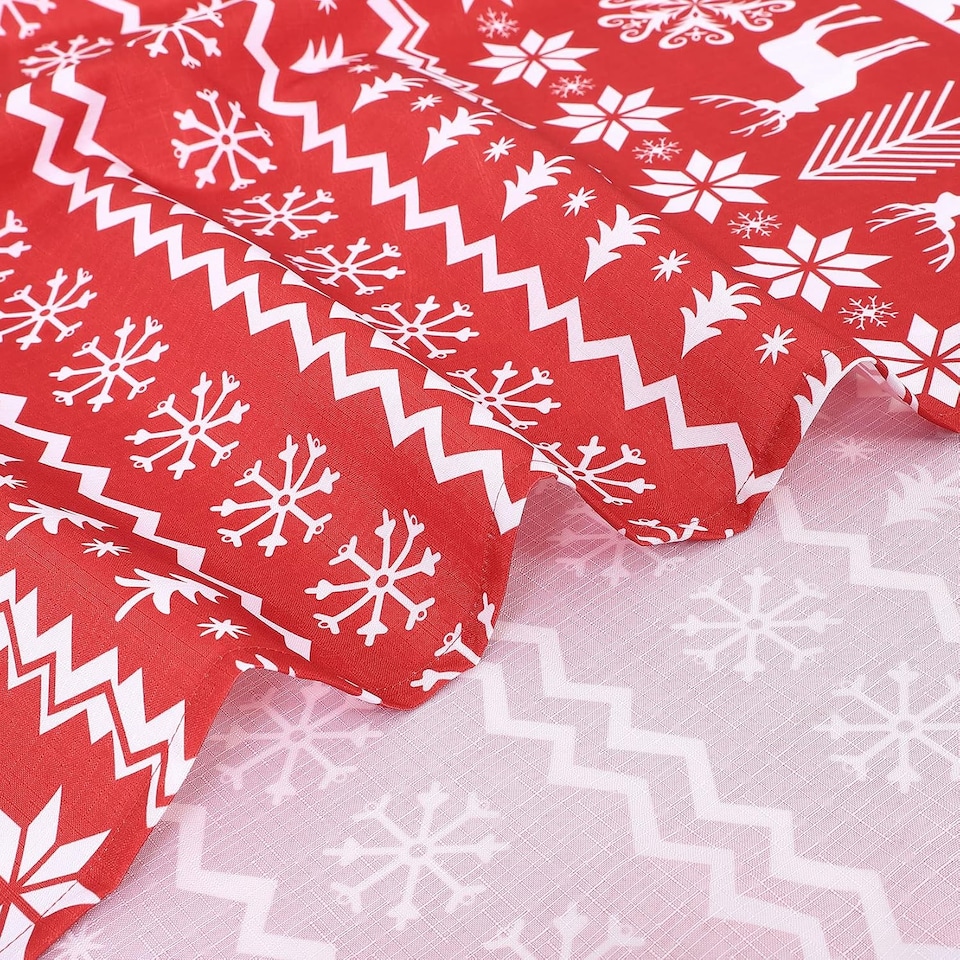image 1 of London Boutique Christmas Tablecloth, Water‑Resistant, Boho Snowflake and Reindeer Print, Red, 52 x 52 in