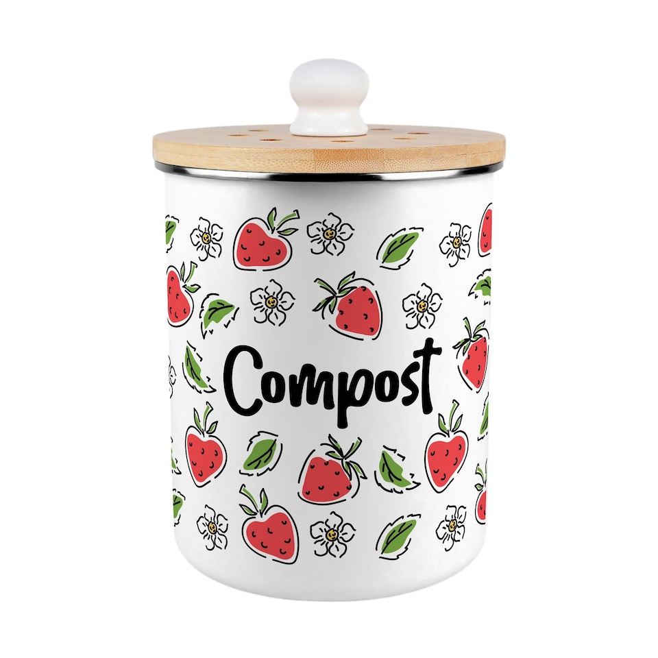 image 1 of Strawberry Flowers Compost Caddy - Metal 2L Decorative Kitchen Food Waste Bin