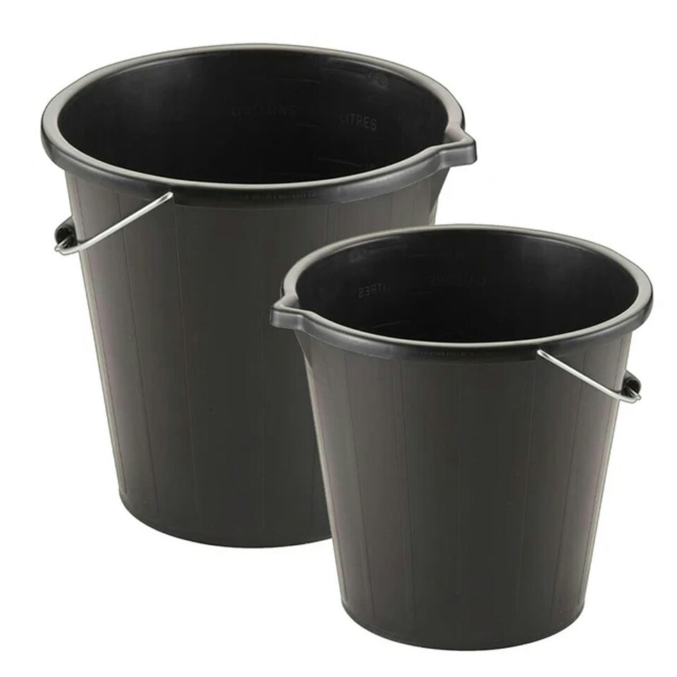 image 1 of 2 x 14 Litre Black Plastic Strong Robust 3 Gallon Water Mixing Cement Bucket With Metal Handle