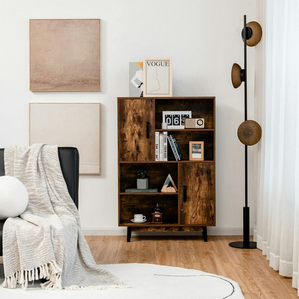 image 1 of COSTWAY Freestanding Wooden Sideboard Storage Cabinet with 2 Doors Brown