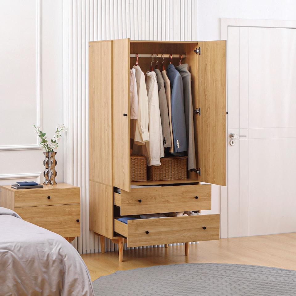 image 1 of HOMCOM 2 Door Wardrobe with 2 Drawers, Hanging Rail, Anti-tipping Design for Bedroom Clothes Storage Organiser, Natural Wood Colour
