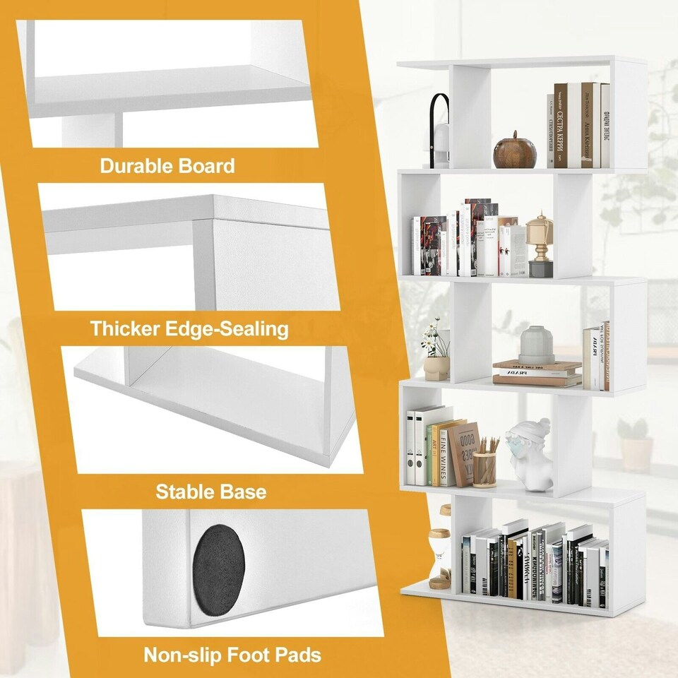 image 1 of COSTWAY 5-tier Bookcase S-Shaped Bookshelf Display Rack White White