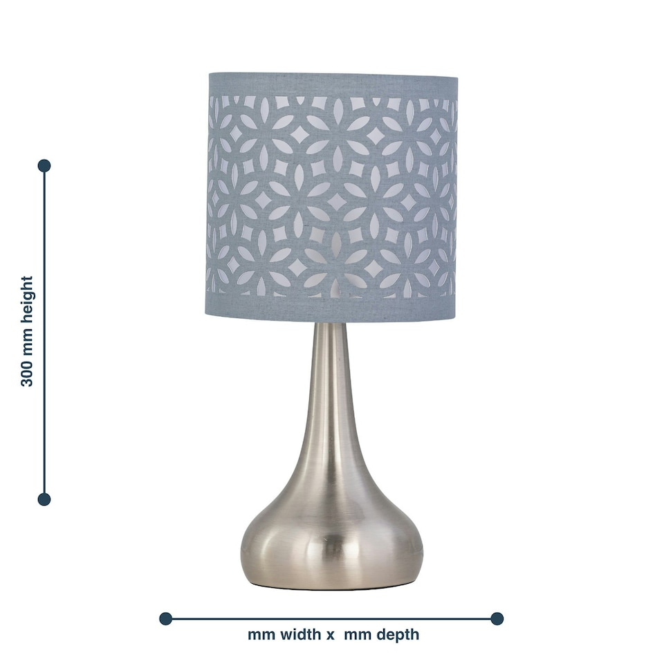 image 1 of Set of 2 Romana - Brushed Chrome Touch Operated Table Lamps Bedside Lights Grey Laser Cut Shade Silver | Grey