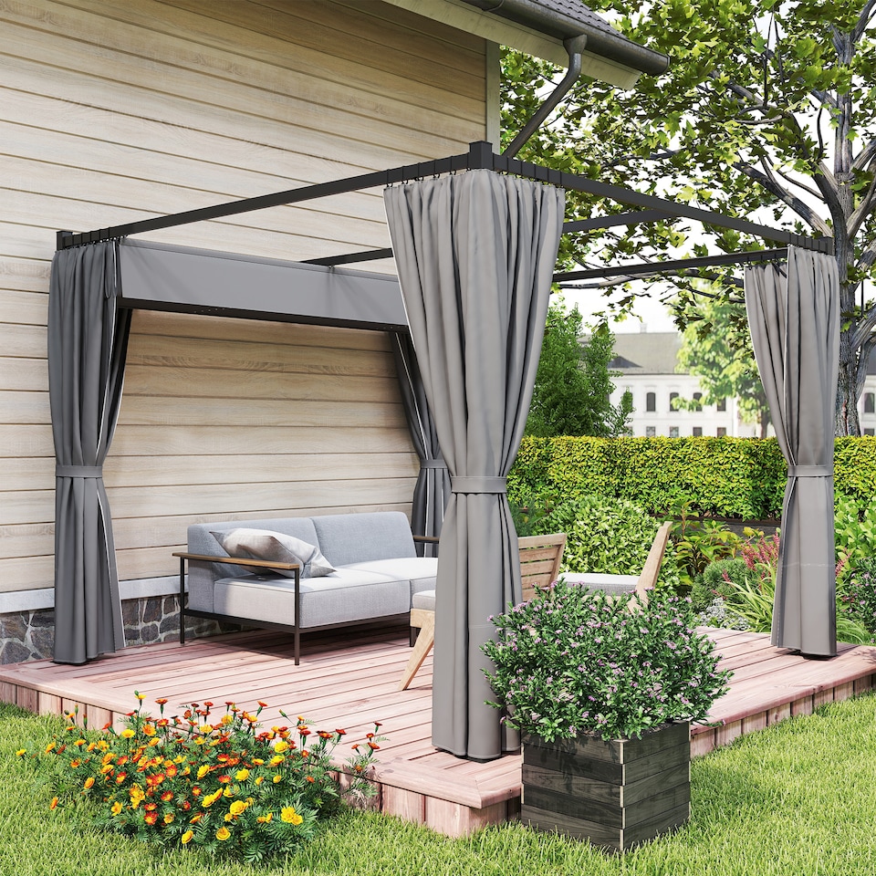 image 1 of Outsunny 3 x 3(m) Pergola with Retractable Roof and Curtains, Light Grey