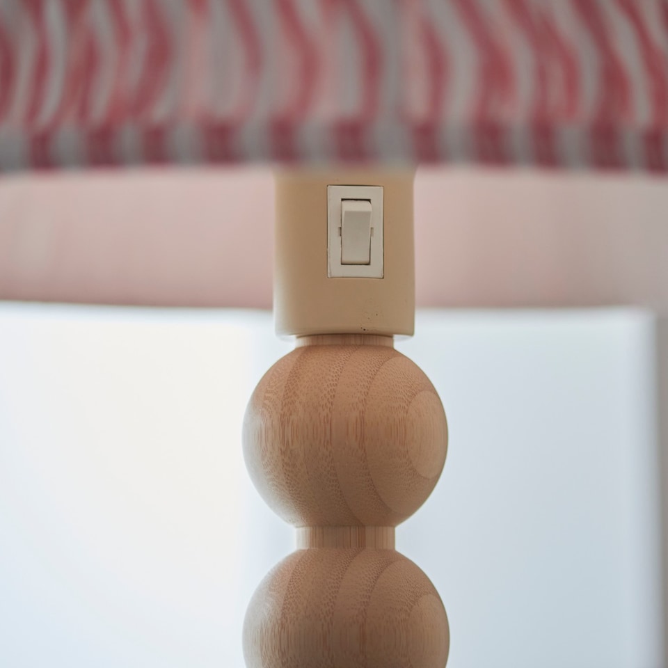 image 1 of Cane Natural Bamboo Floor Lamp with Coral Pink Fabric Ripple Shade 40cm E27