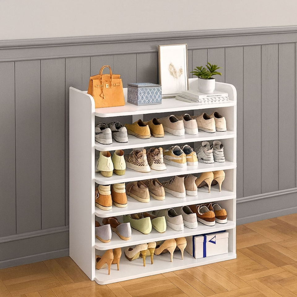 image 1 of Neo White 6 Tier Wooden Shoe Rack Space-Saving Cabinet Organiser Shelving Storage Shelf for Entryway Hallway Closet Bedroom