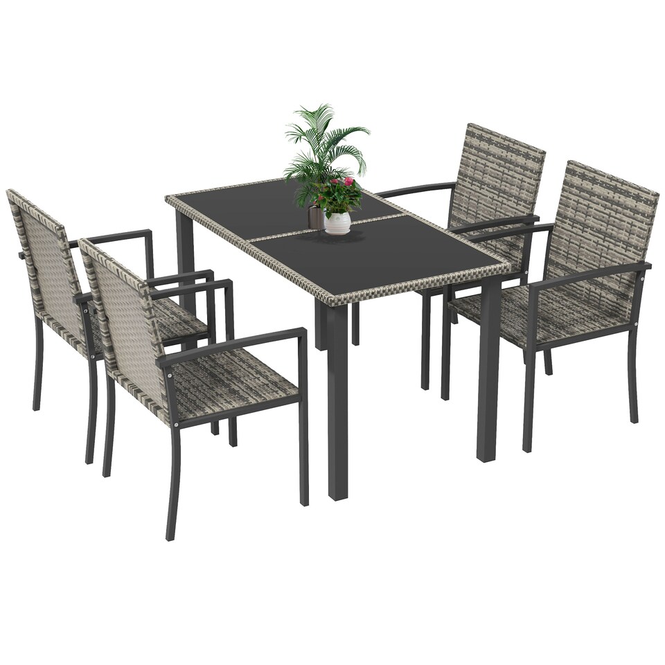 image 1 of Outsunny 4 Seater Rattan Dining Set with Rectangular Glass Top Table and 4 Armchairs, PE Rattan Garden Furniture Set, Outdoor Dining Table and Chairs for Patio, Balcony, Terrace, Mixed Grey